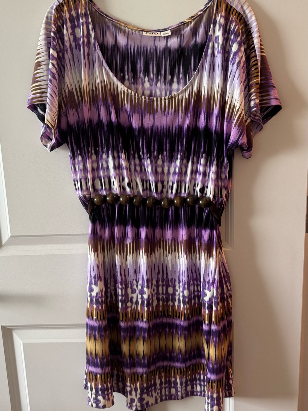 Cato Purple and Gold Ikat-Style Scoop Neck Dress